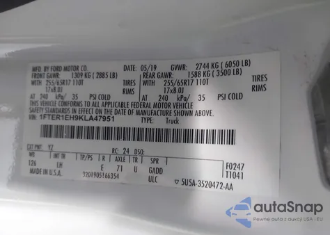 2019 Ford Ranger Xlt из США, поврежденный, VIN 1FTER1EH9KLA47951